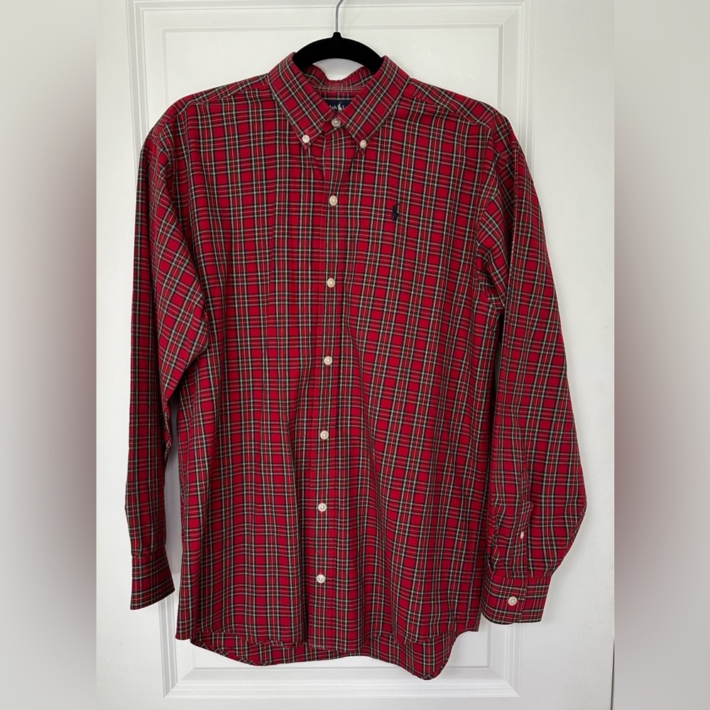 Polo Ralph Lauren Shirt Boys XL Red Blue Plaid Button Down Long Sleeve Cotton
